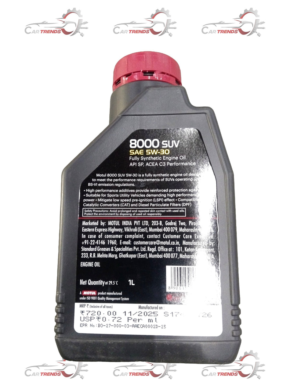 CarTrends SUV 5W30 1L motor oil bottle for Scorpio, XUV700, Thar, Bolero vehicles, showing the product label and packaging.