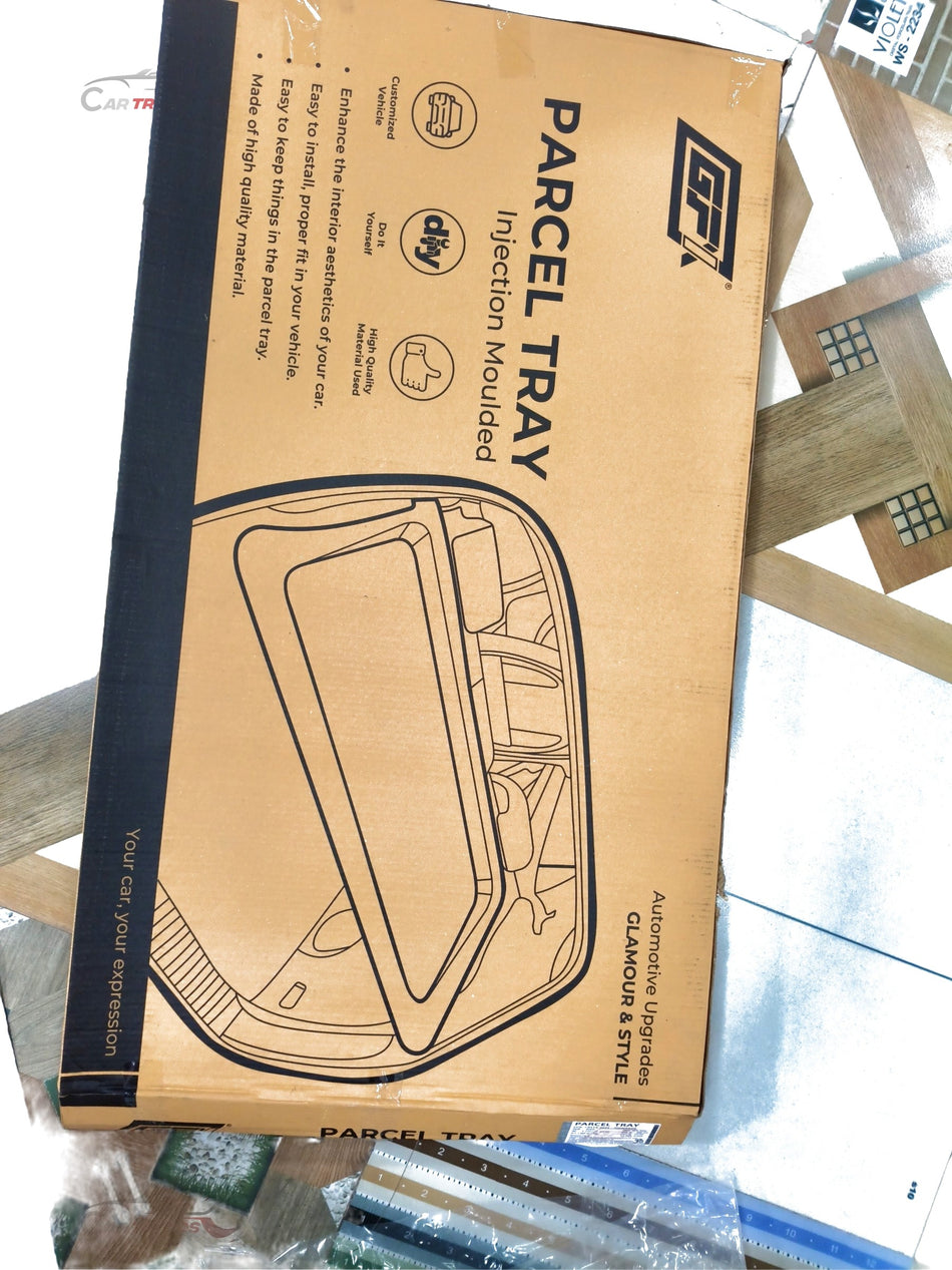 Gfx parcel tray for Creta 2024 vehicle, black plastic cargo organizer showing a clean, durable tray with side supports.