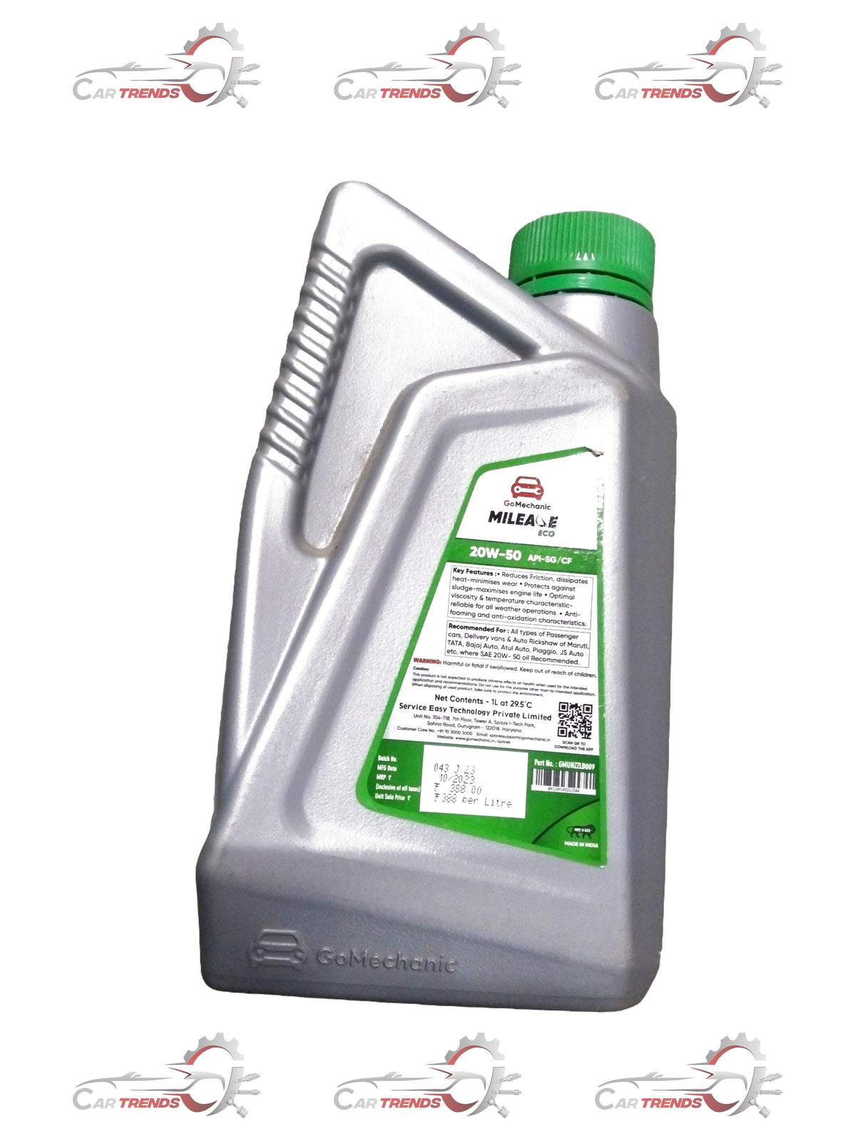 GOMECHANIC Bike Engine Oil 20w50 Eco Mileage 1L bottle for all bikes and variants, showing the oil container and label.