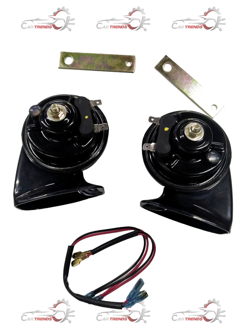 CarTrends Windtone horn for all cars, showcasing a sleek black vehicle with the horn installed on the front bumper.
