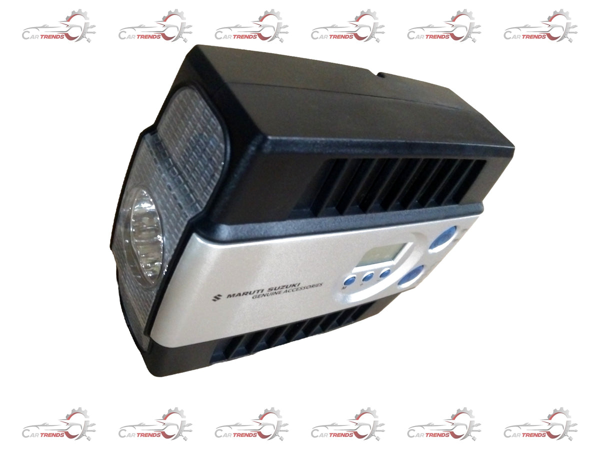 Digital air inflator for Maruti Suzuki Swift, Dzire, Baleno, and Ertiga, shown with digital display and air hose attachment.