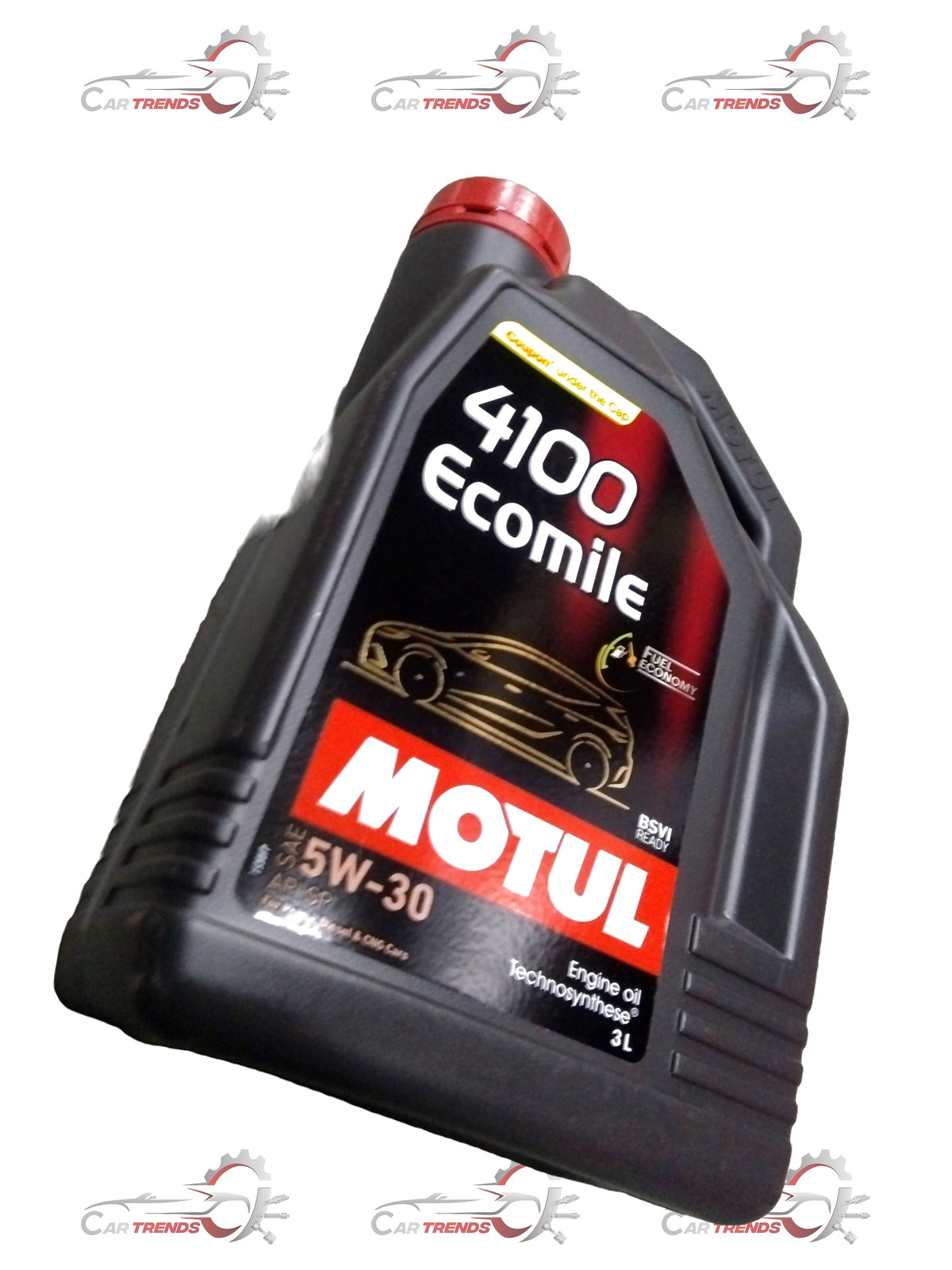 CarTrends ECOMILE 5W30 4100 motor oil for PUNCH, ALTROZ, SAFARI, HARRIER vehicles, 3-liter container, product packaging.