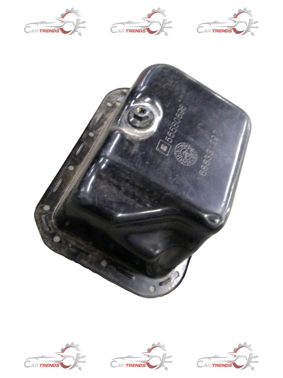 General Motors Chevrolet Enjoy engine oil pan, metallic component with bolt holes, designed for vehicle oil drainage and containment.