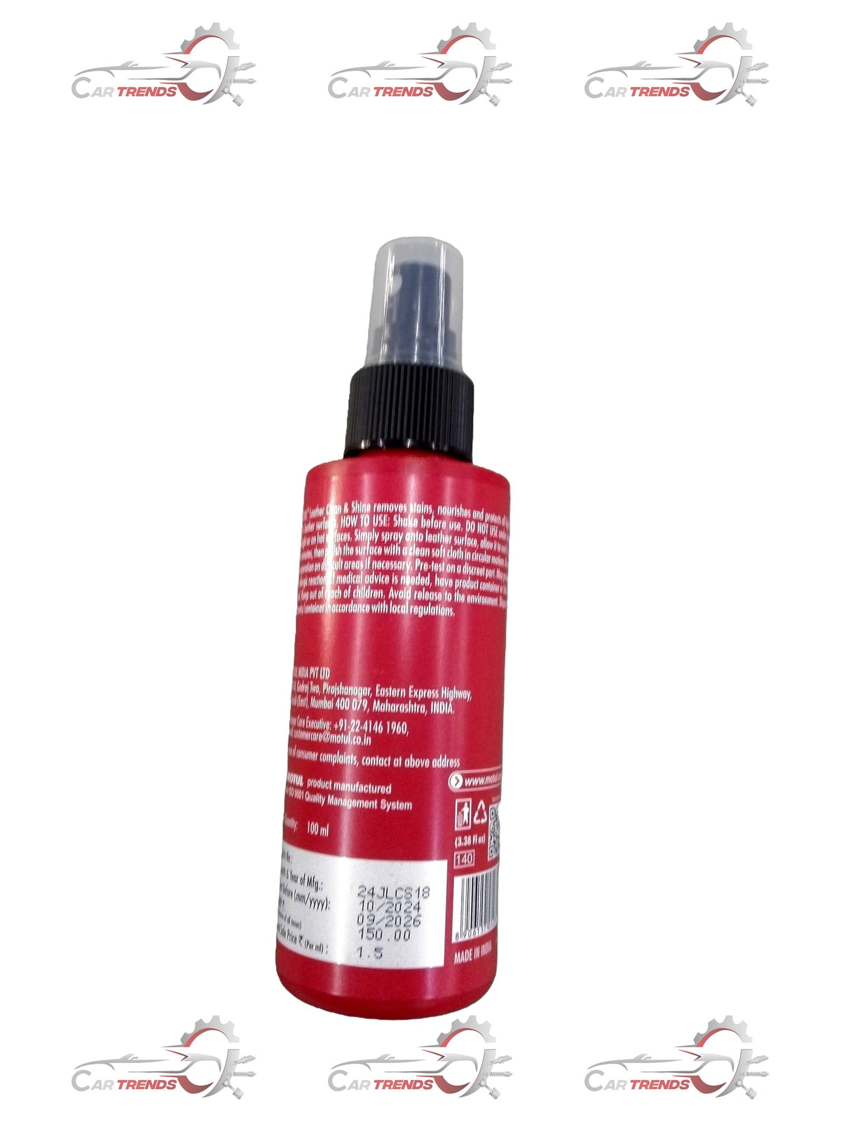 CarTrends Leather Clean & Shine for vehicles, 48 x 100ml bottles, showing a spray bottle and clean leather surface.