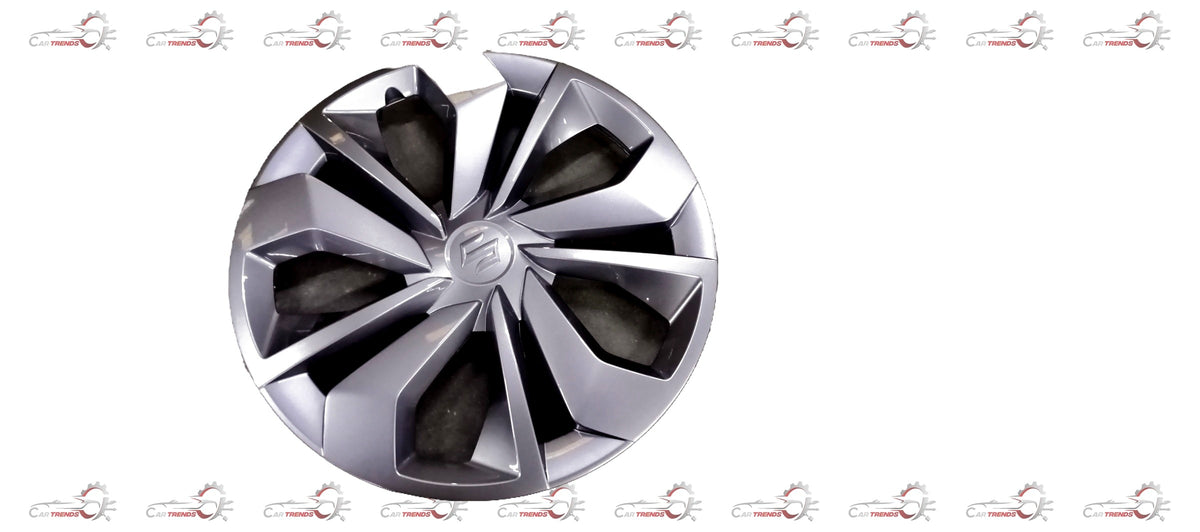 Maruti Suzuki full wheel hub cap assembly showing silver finish and mounting features for vehicle wheel protection