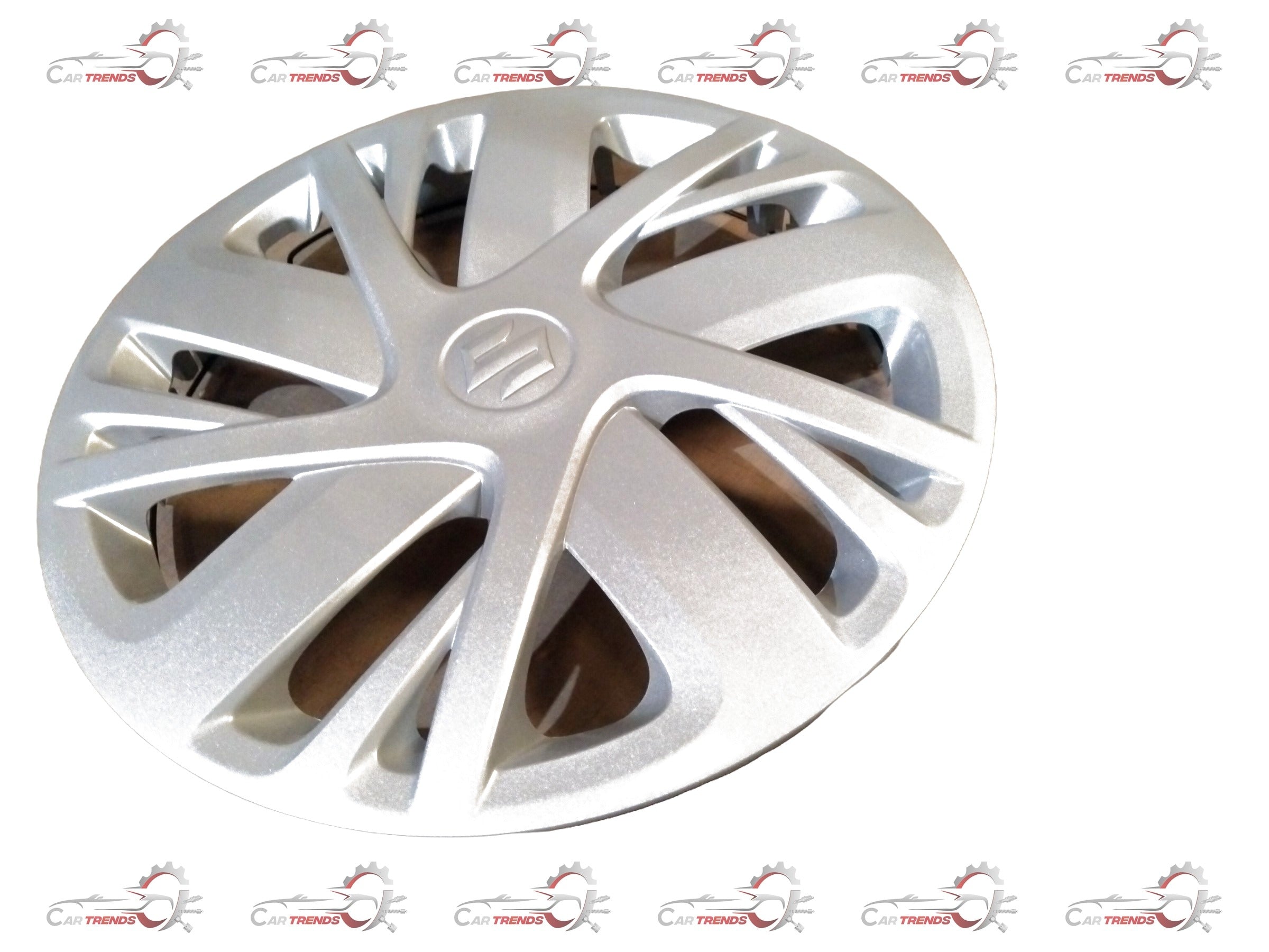 Maruti Suzuki wheel cover for Swift car, round design with logo, silver finish, mounted on a car wheel.