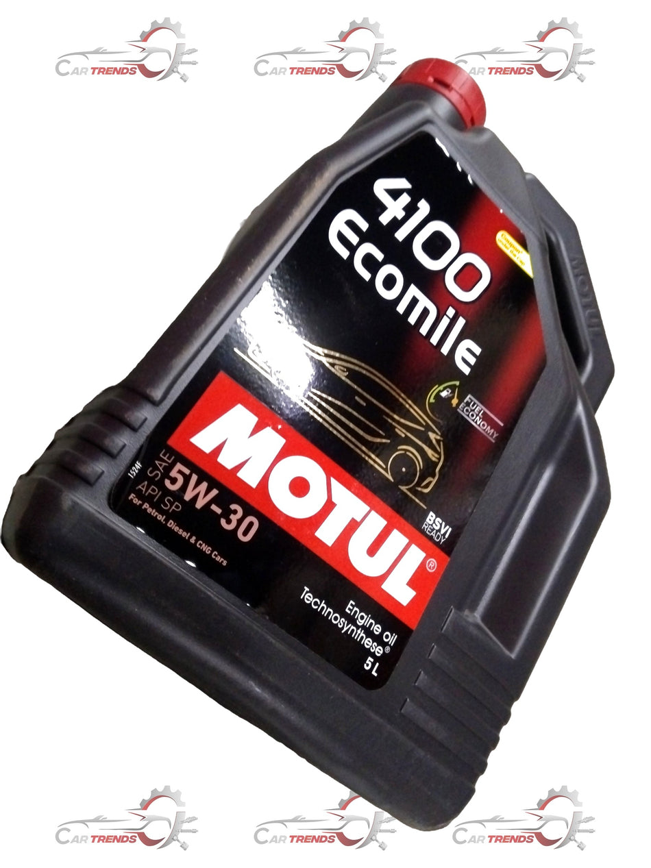 CarTrends ECOMILE 5W30 4100 engine oil 5L container for Punch, Altroz, Safari, Harrier vehicles, shown in the image.
