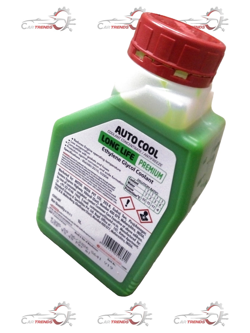 Motul AUTO COOL LongLife Premium Ethylene Glycol Coolant 1L bottle, automotive spare part for engine cooling systems.