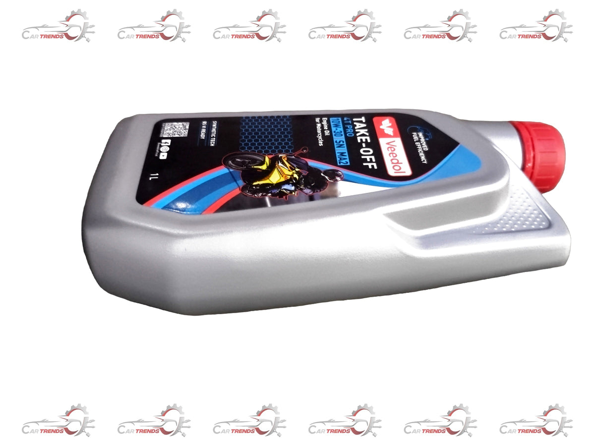 CarTrends TAKEOFF 4T PRO 10W 1L motor oil container with label and cap for motorcycle engine lubrication.