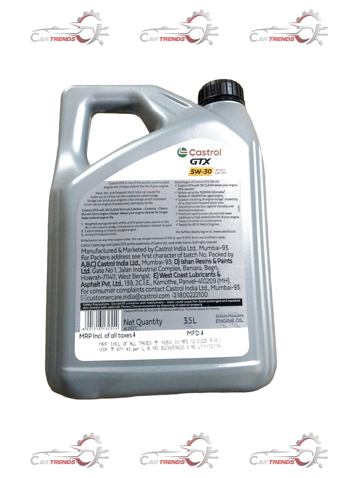 CASTROL Car Engine Oil | 5w30 3.5 Ltrs Pack GTX | All Cars | All Variant | #GTX 5W30 3.5LTR GTX 5W30 3.5LTR - Back view