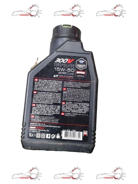 MOTUL 15W50 300V motor oil spare parts container with label and cap, showcasing the MOTUL brand and oil specifications.