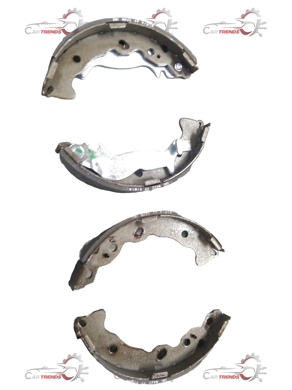 Rear brake shoe for Hyundai Grand i10, XCENT, NIOS, Aura, Fluidic Verna, i20 Elite by CarTrends, showing metal brake lining and shoe shape.