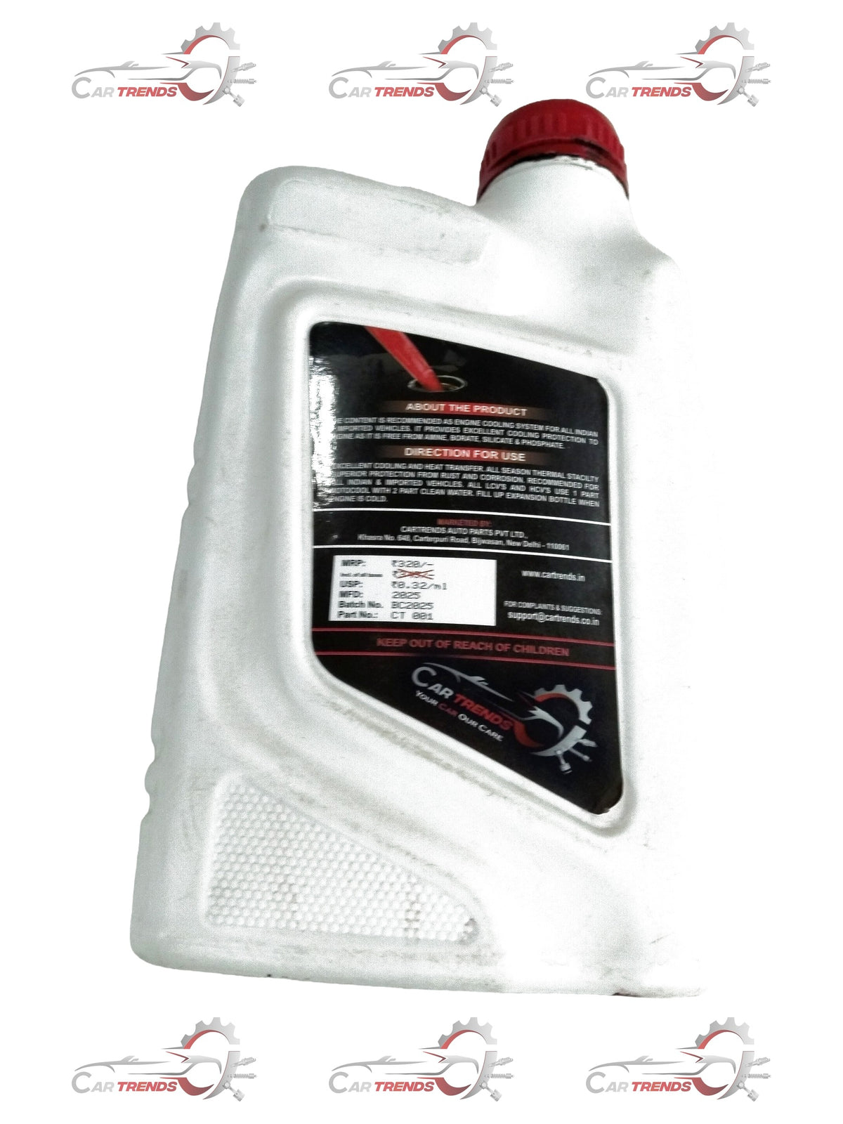 CartTrends red 1L coolant bottle for all cars, showing the bright red liquid inside a clear plastic container.