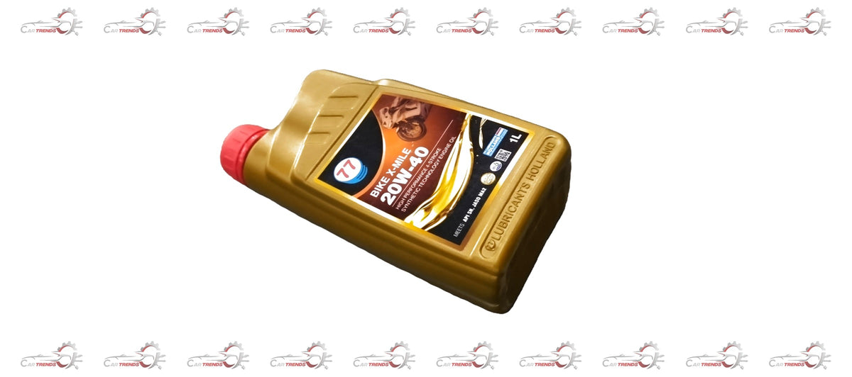 Bike engine oil from 77 Lubricants, Xmile 20w40 SN, 1-liter pack, suitable for all bike variants, shows oil bottle.