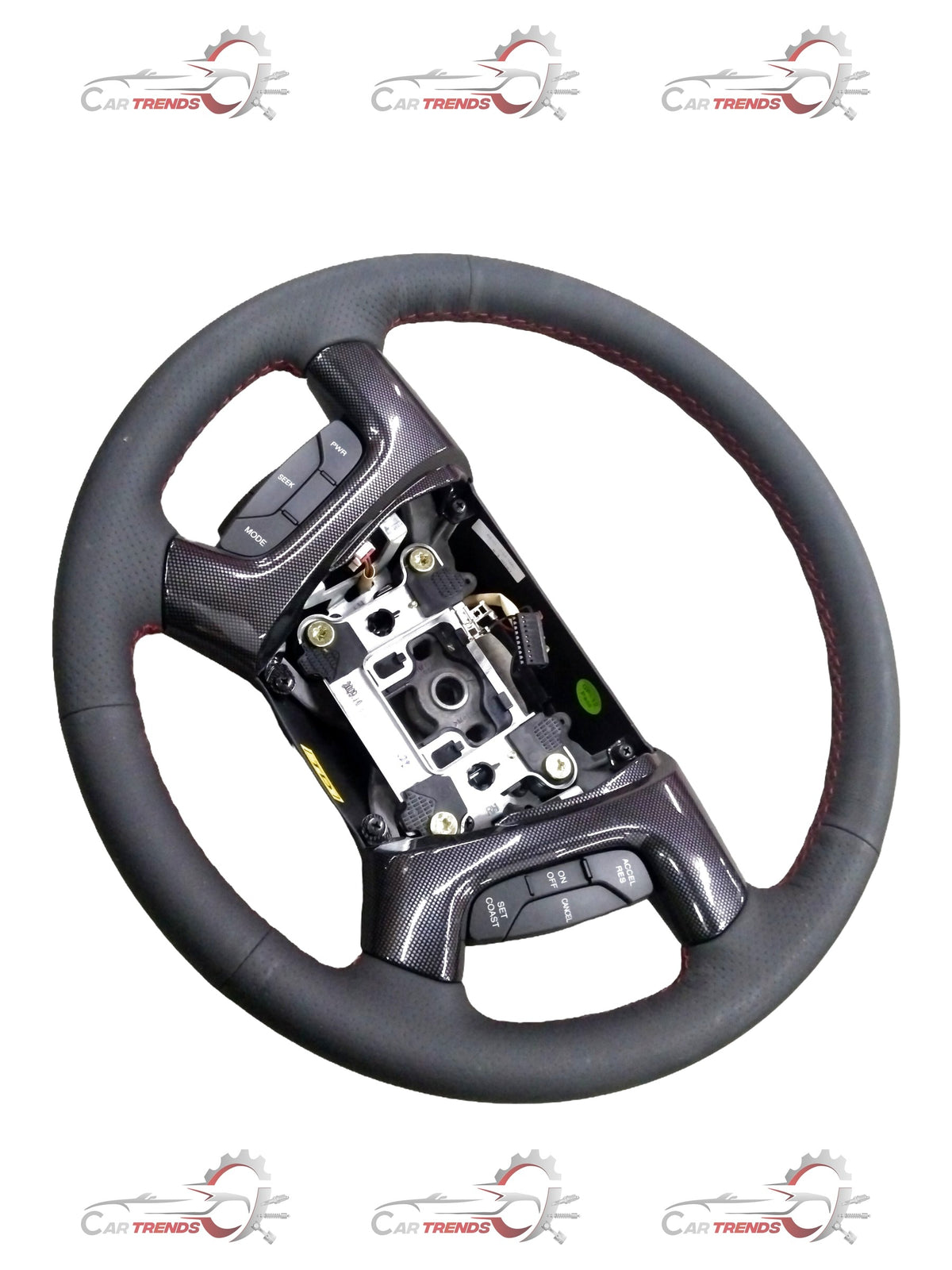 Steering wheel for Chevrolet Enjoy by General Motors, showing a close-up of the black plastic and metal components.