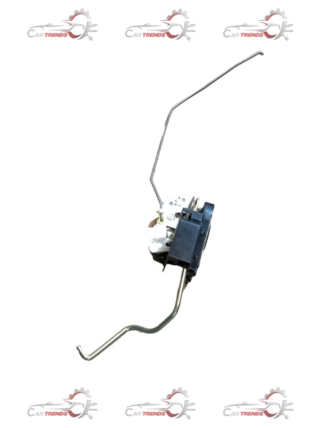 Hyundai I10 right rear door latch, black metal component, close-up view showing mounting points and latch mechanism.