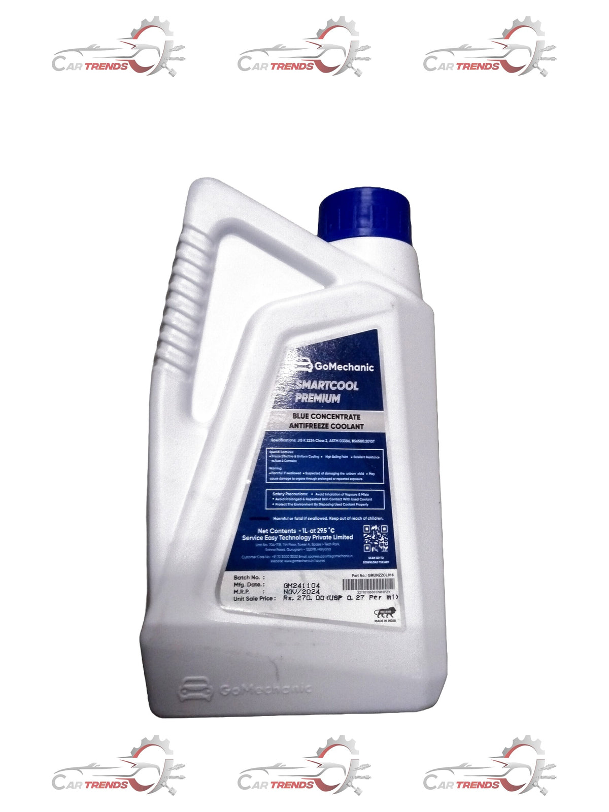 GOMECHANIC blue coolant 1L bottle for all cars and variants, showing the colorful liquid inside the container.