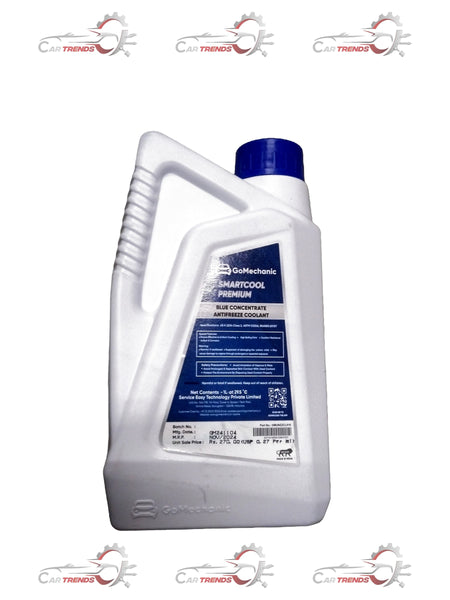 GOMECHANIC blue coolant 1L bottle for all cars and variants, showing the colorful liquid inside the container.