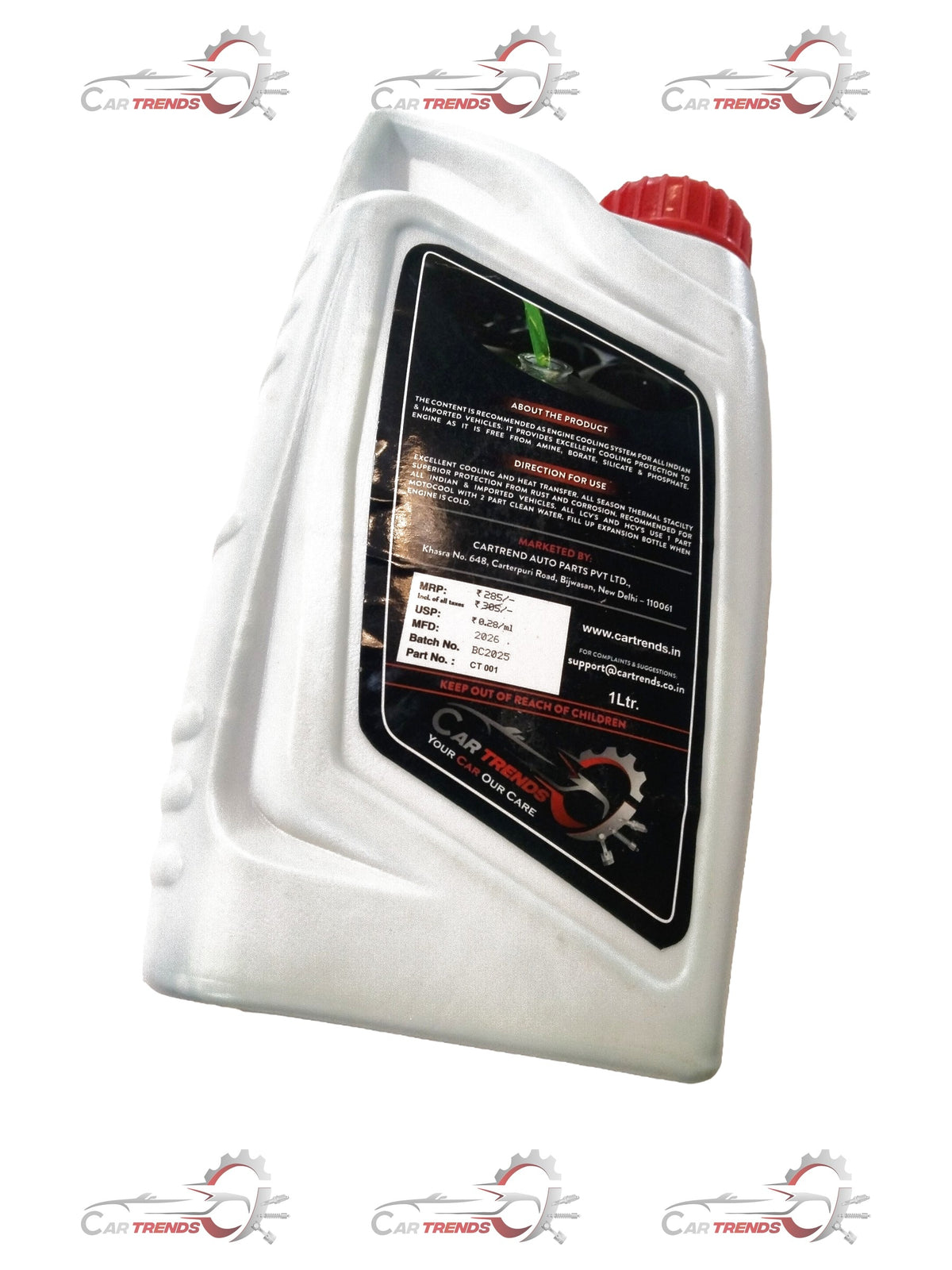 CartTrends green 1L coolant for all cars and variants, shown in a clear container with green liquid inside.