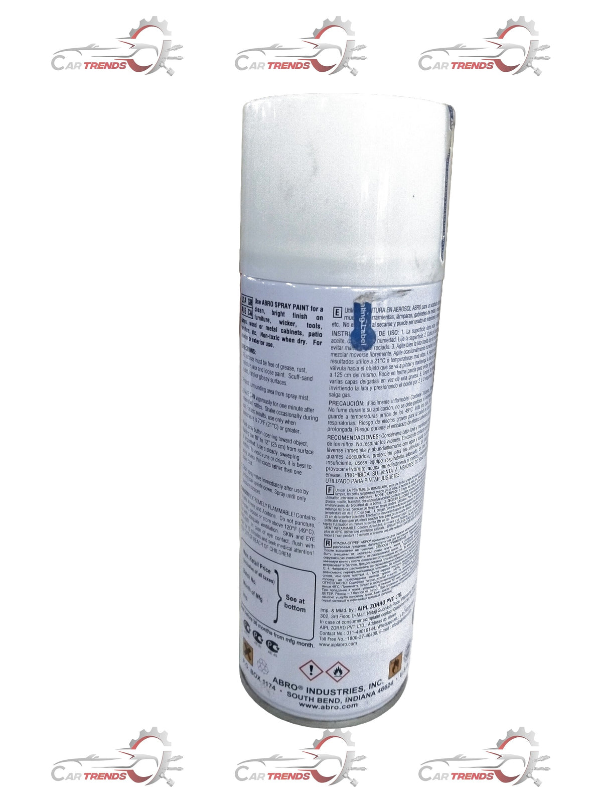 CarTrends spray paint for all cars in gloss white, showing a can with label and a smooth white painted surface.