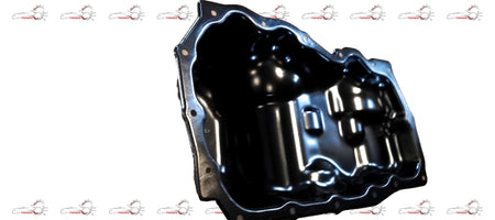 Ford engine oil pan by CarTrends, black metal automotive part with mounting holes, designed for engine oil containment and drainage.