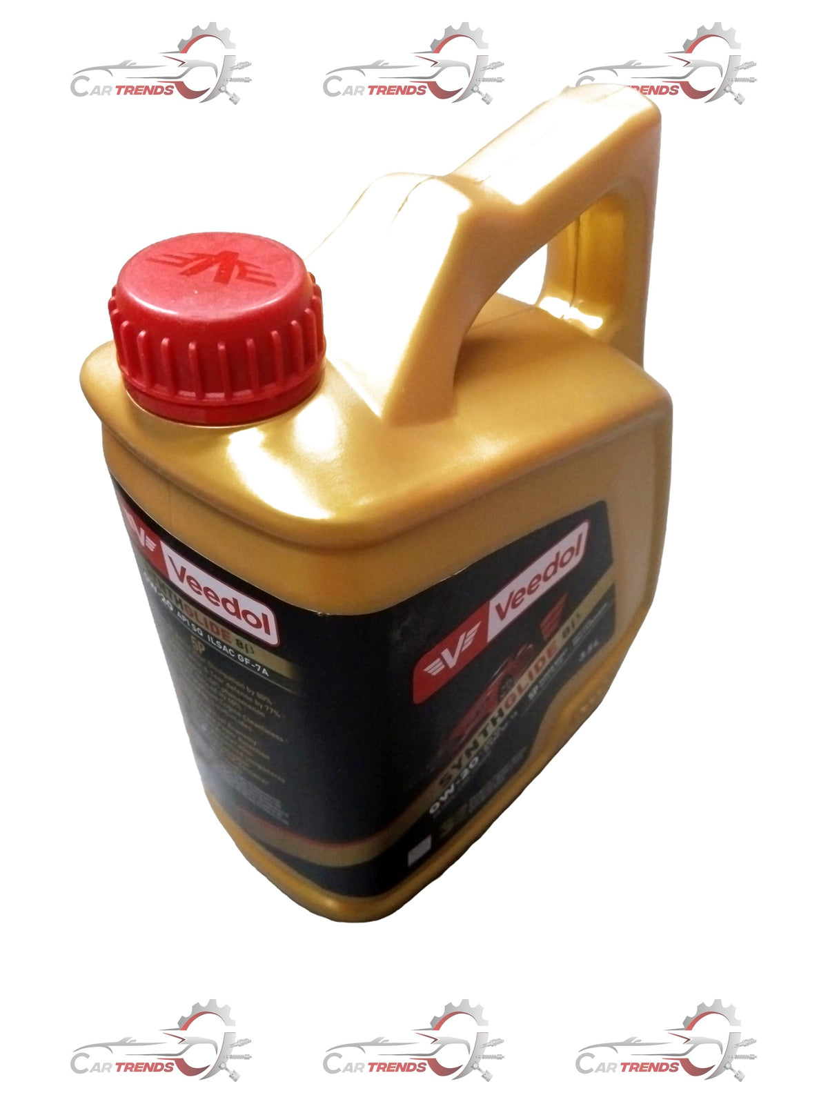 CarTrends SYNTHGLIDE 8BETA 0W20 SQ GF-7A passenger car motor oil in 4 x 3.5L containers, showing bottles with labels.