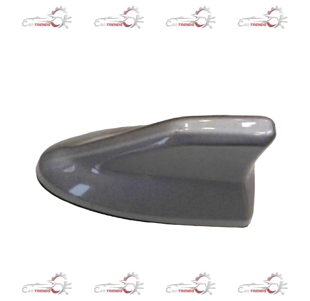 Silver Shark Fin Antenna by GALIO, universal Galio #PSFA001S, shown from two angles on a vehicle.