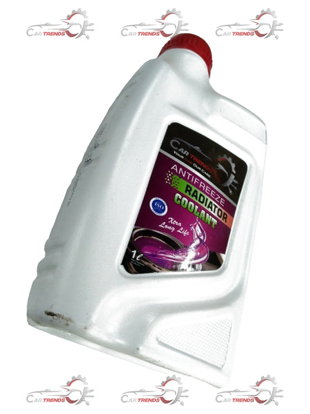 Pink 1L CarTrends coolant bottle for all car models, showing the pink liquid in a clear plastic container.