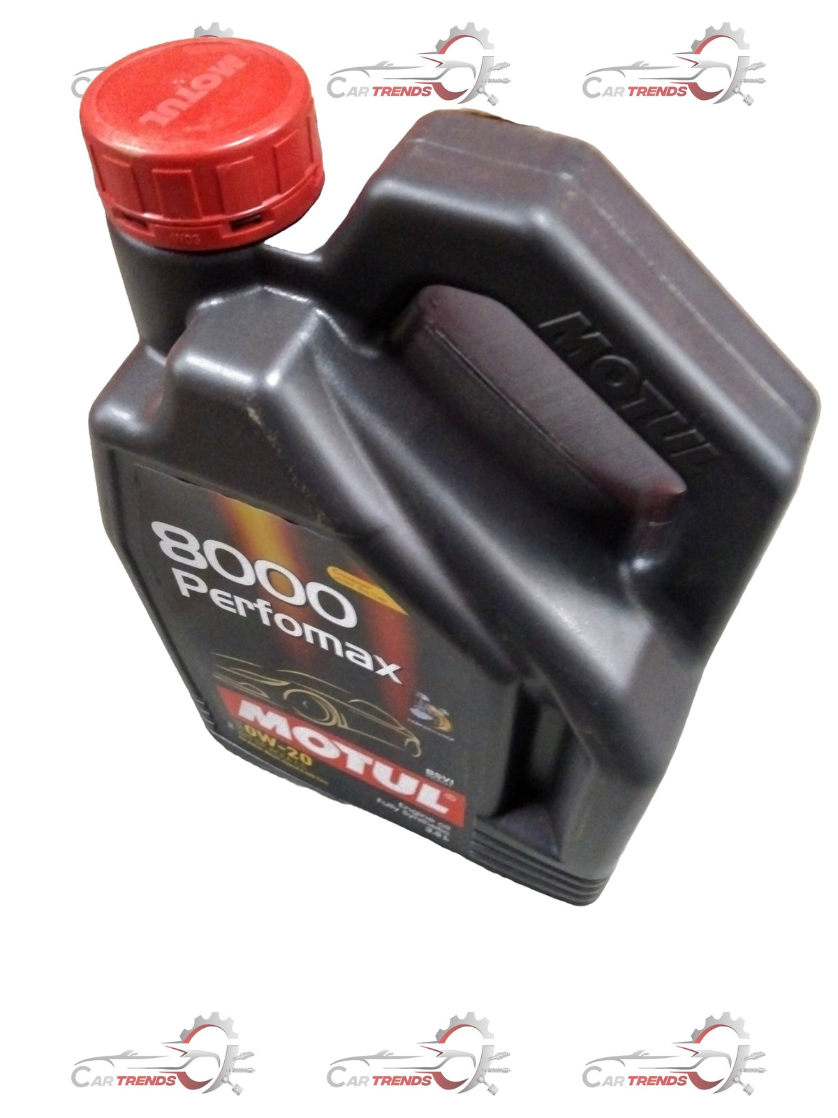 CarTrends PERFOMAX 0W20 engine oil container for KWID, TRIBER, DUSTER vehicles, featuring the #8000 MOTUL formulation.