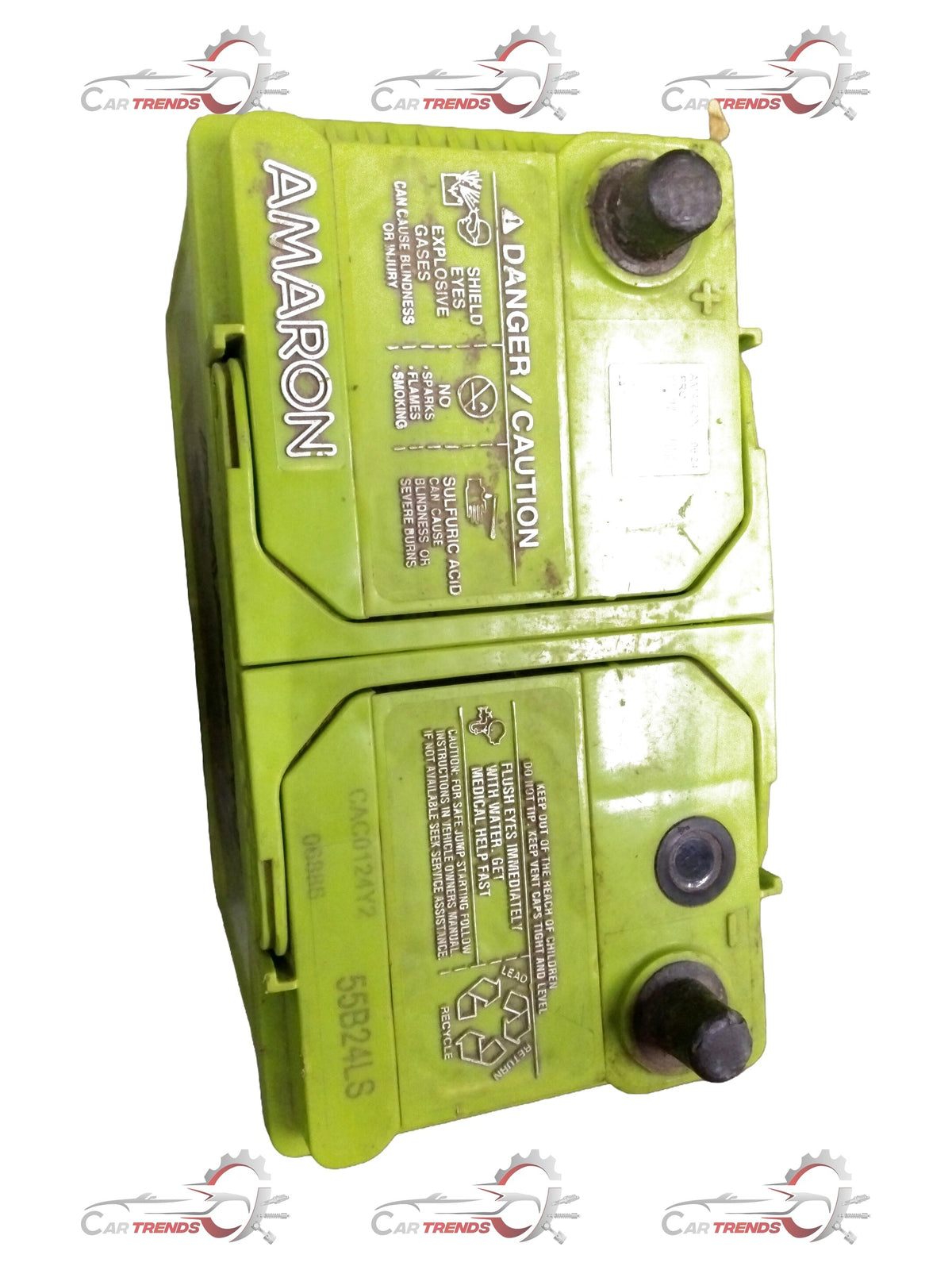 Honda Amaron Pro 55B24LS car battery showing terminal connections and label, designed for reliable vehicle power.