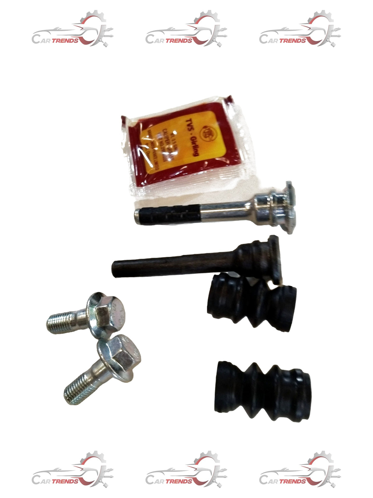 CarTrends sliding pin set 55850M75J41 spare parts, showing two close-up images of the metal sliding pins and their detailed features.