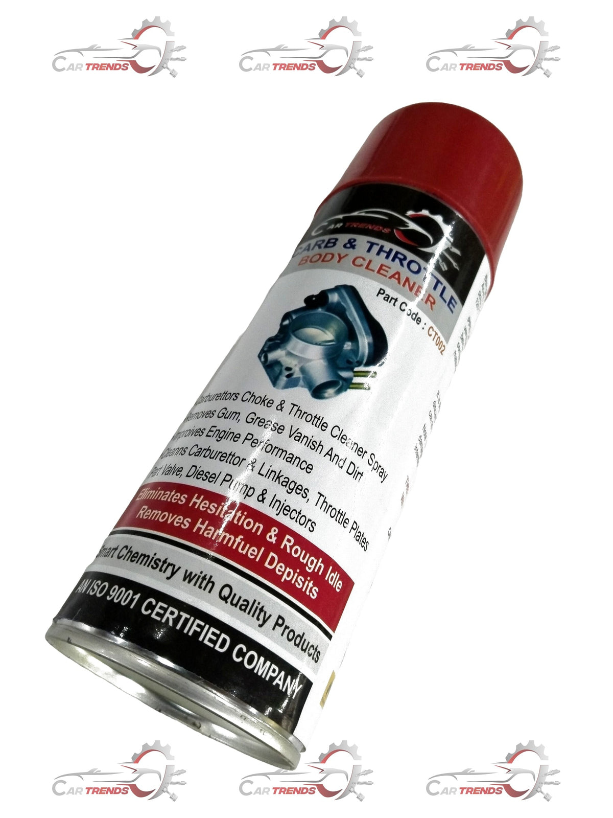 CARTRENDS throttle body cleaner in a 500ml spray bottle, suitable for all car models, shown next to a vehicle engine component.