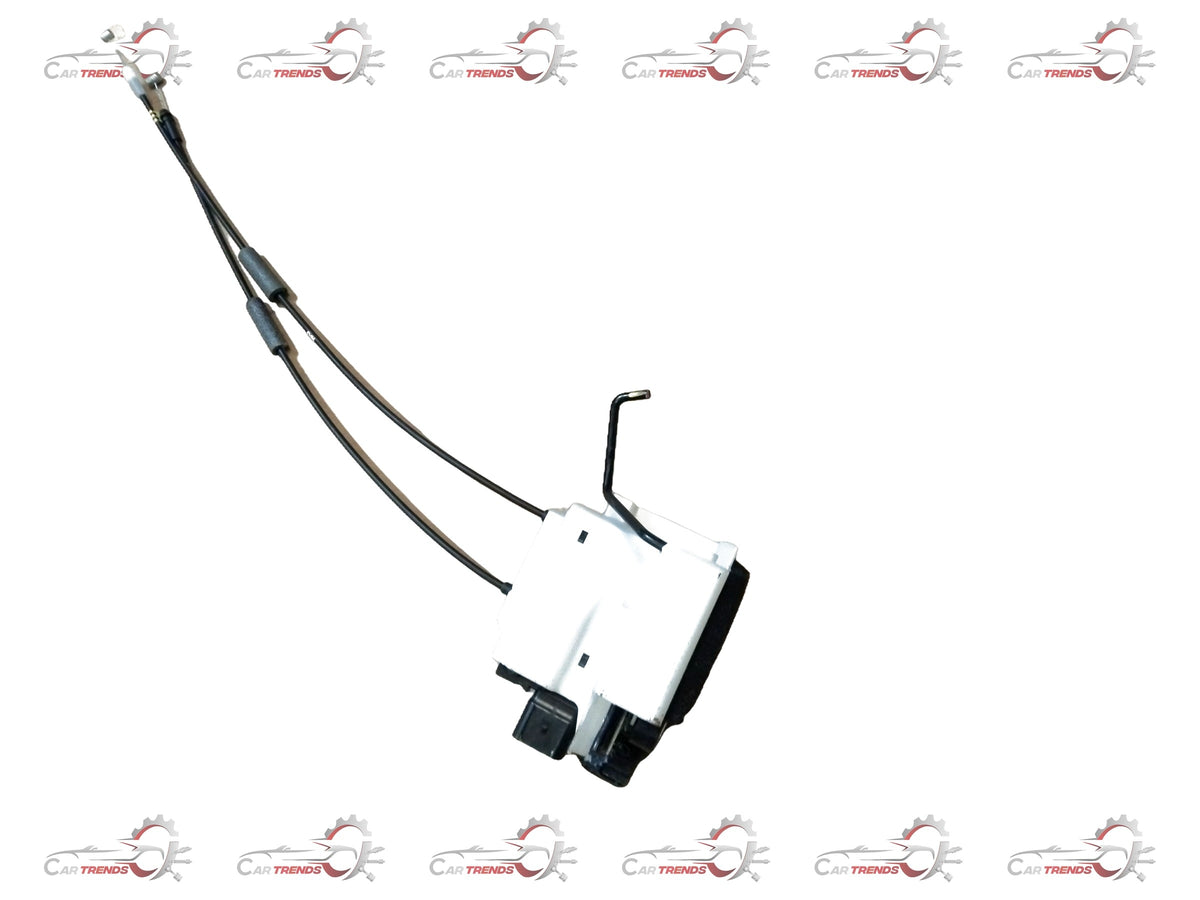 Hyundai Grand i10 Nios left rear door latch, automotive replacement part, shown from two angles with metal and plastic components.