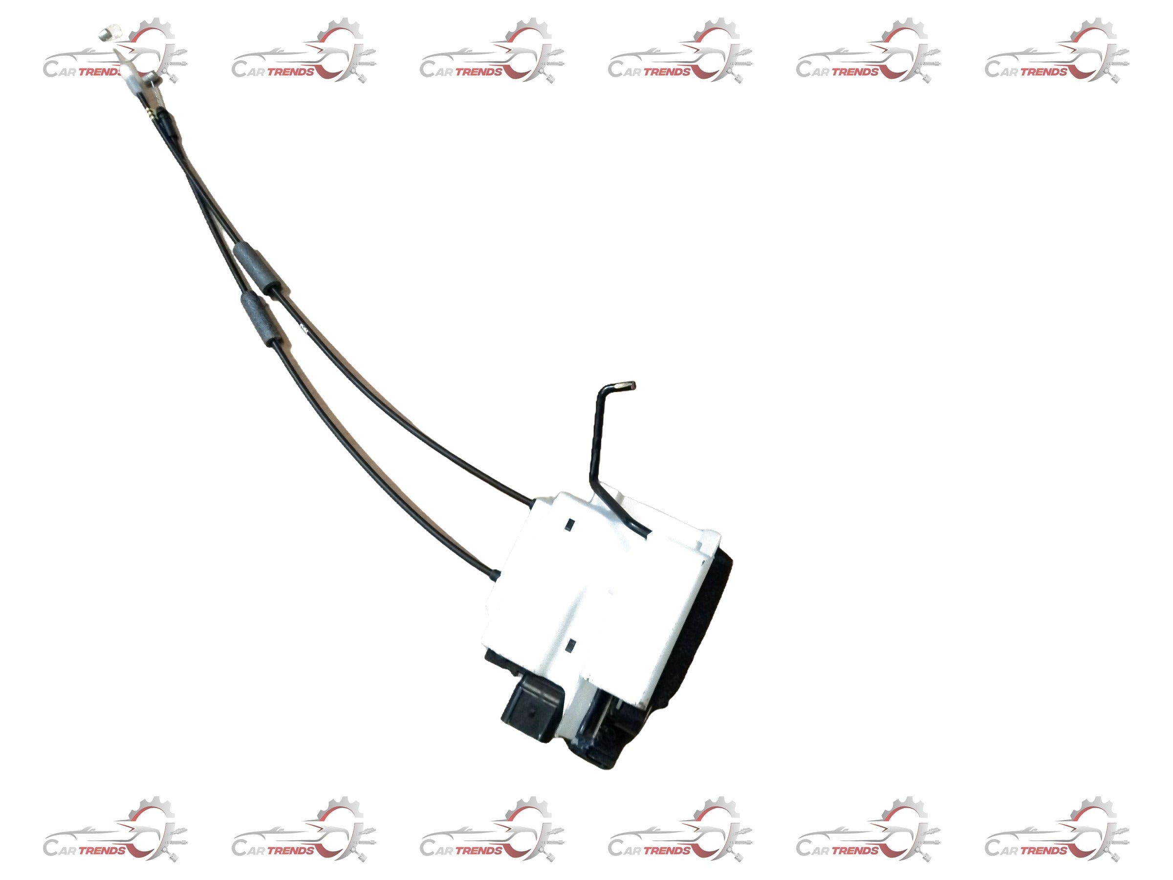 Hyundai Grand i10 Nios left rear door latch, automotive replacement part, shown from two angles with metal and plastic components.