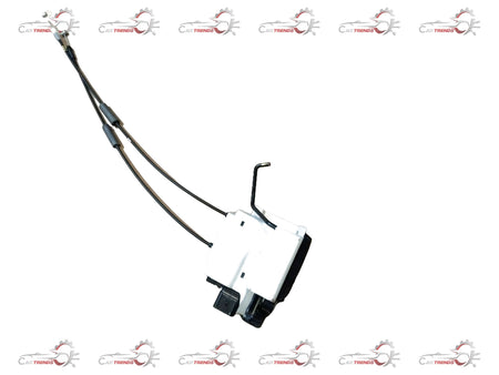 Hyundai Grand i10 Nios left rear door latch, automotive replacement part, shown from two angles with metal and plastic components.