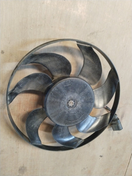 Volkswagen electric fan for Golf and Jetta models, image showing the black plastic fan with mounting points and electrical connections.