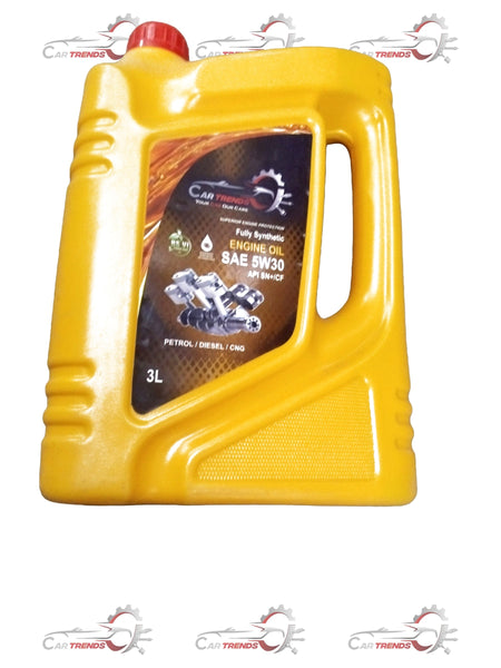 CarTrends 5W30 engine oil pack for all cars, 3 liters, showing bottles with labels and engine oil accessories.