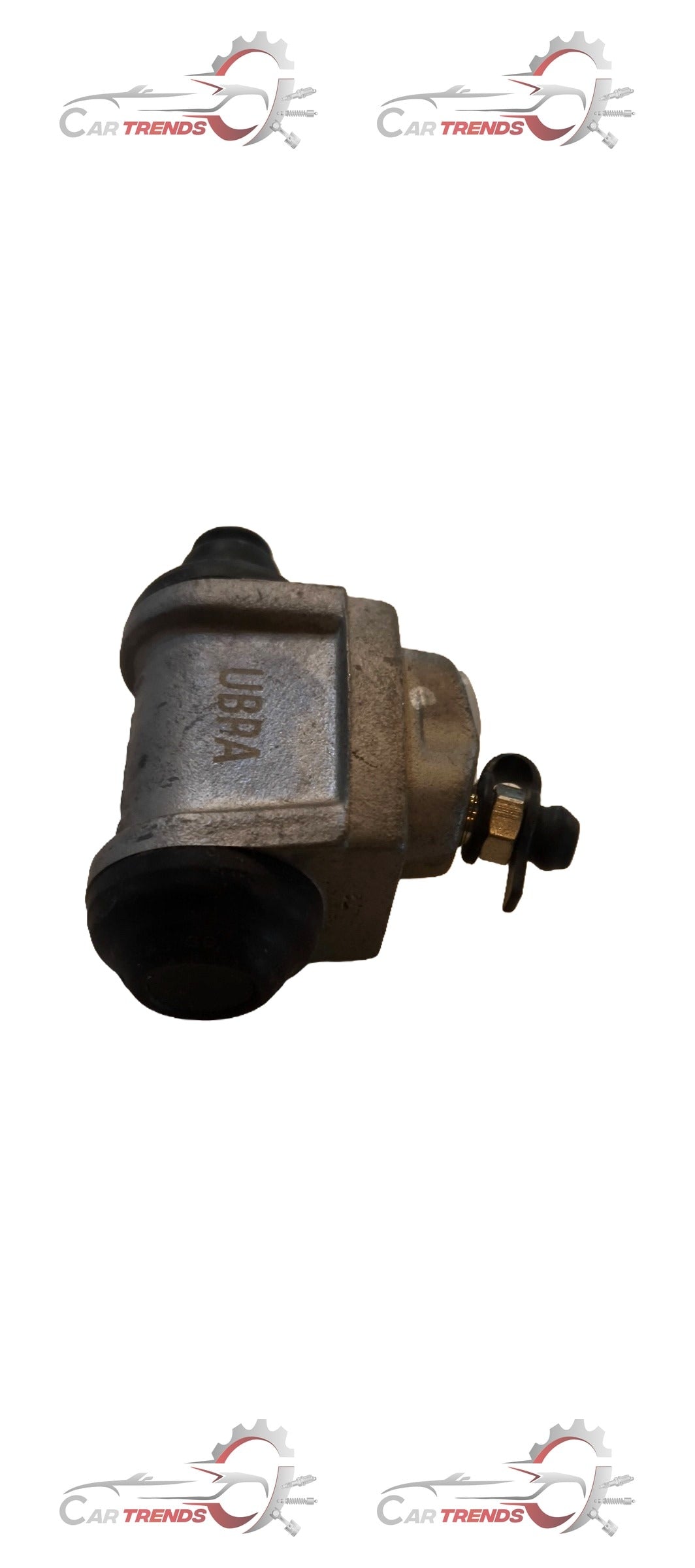 Hyundai LH wheel cylinder assembly spare part by CarTrends, showing the metal hydraulic component with rubber seals and fittings.