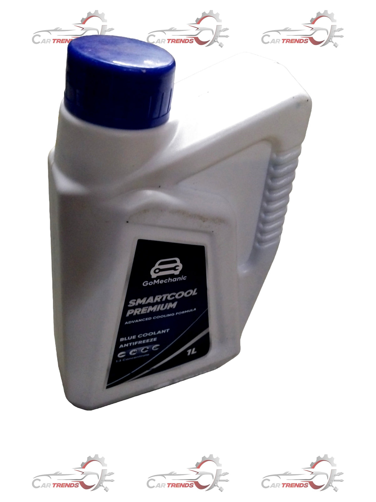 GOMECHANIC blue 1-liter coolant bottle for all cars, shown with blue liquid and product label, suitable for all vehicle variants.