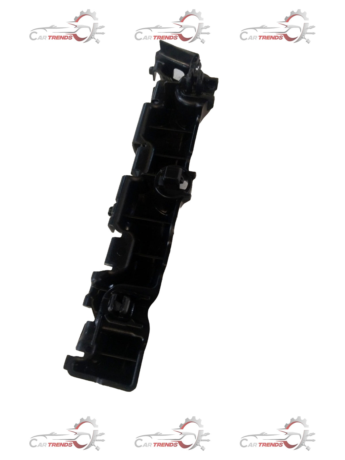 Tata Tiago front right side bumper bracket, vehicle part in black plastic with mounting points, shown from the side.