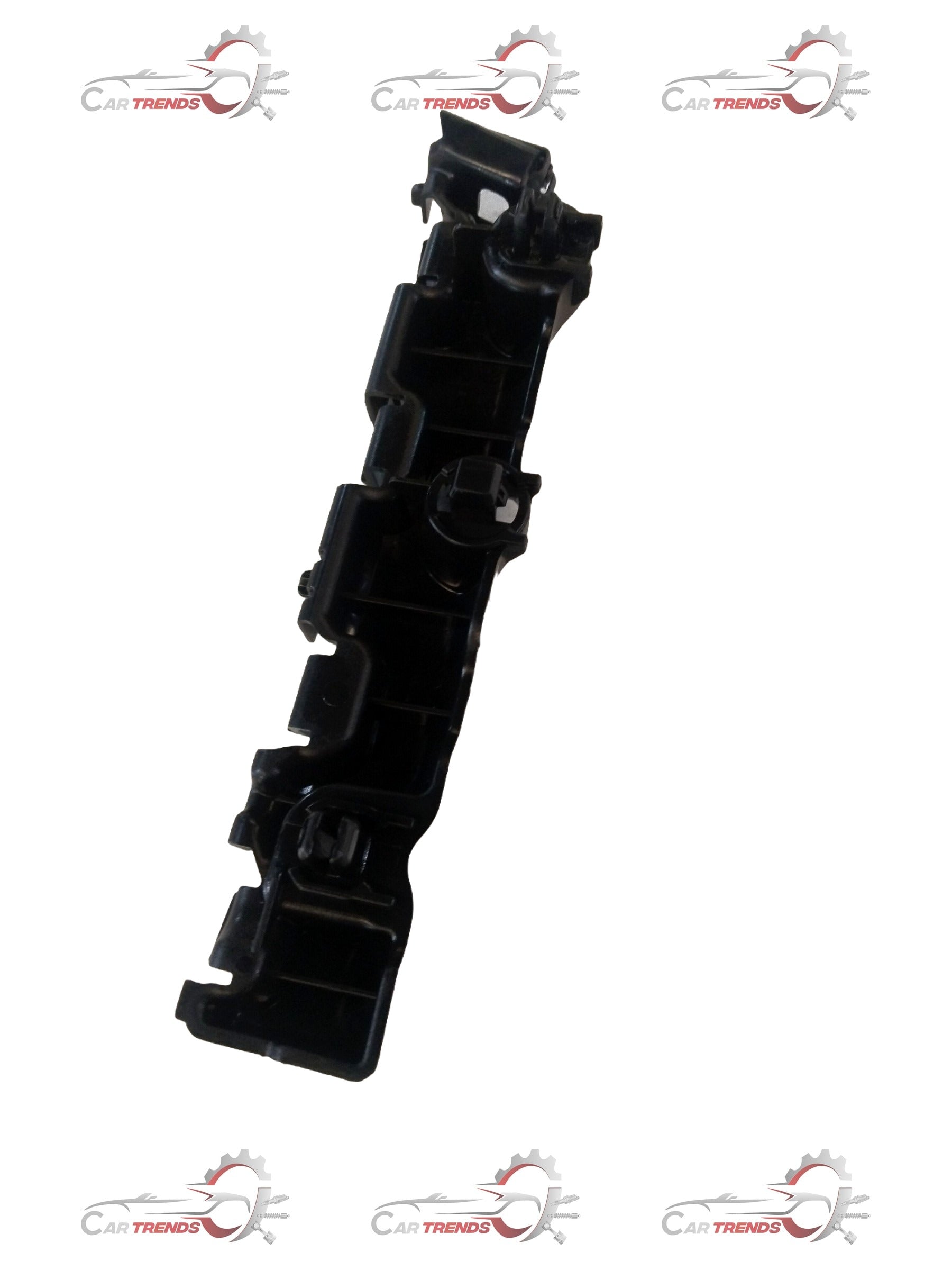 Tata Tiago front right side bumper bracket, vehicle part in black plastic with mounting points, shown from the side.
