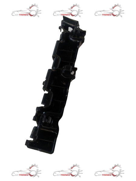 Tata Tiago front right side bumper bracket, vehicle part in black plastic with mounting points, shown from the side.