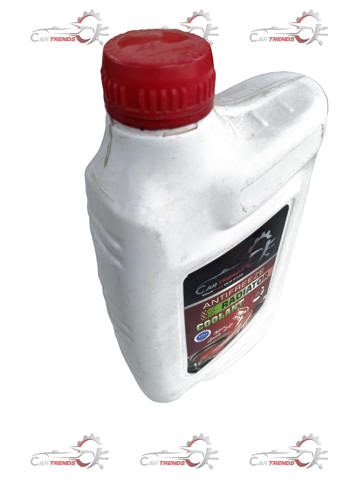 CARTRENDS red 1-liter coolant bottle for all cars, showing the colorful coolant liquid inside the transparent container.