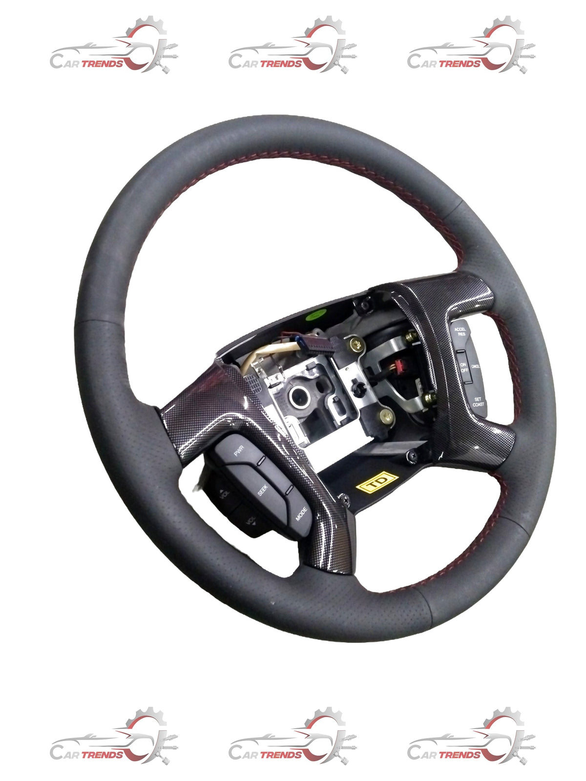 Steering wheel for Chevrolet Enjoy by General Motors, showing the black interior component with textured grip surface.