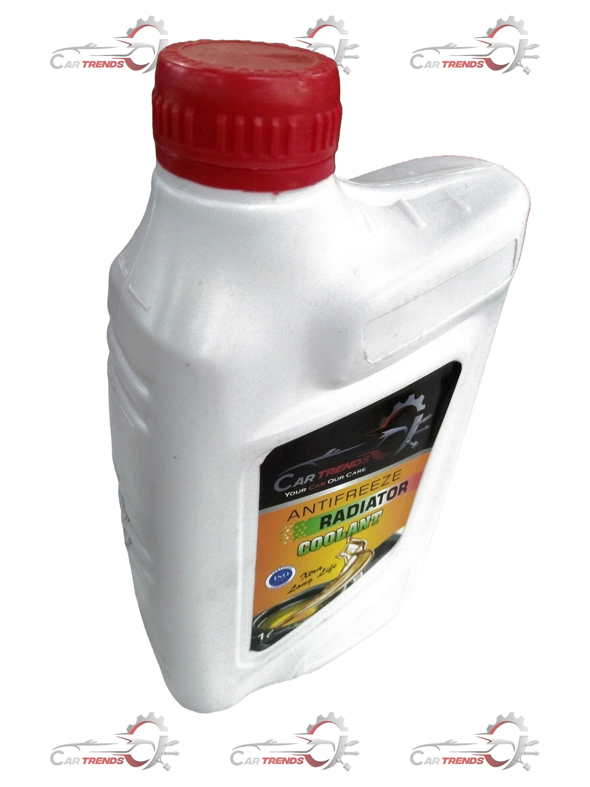 CarTrends yellow 1L coolant bottle for all cars, showing the bright yellow coolant liquid inside and the product label.