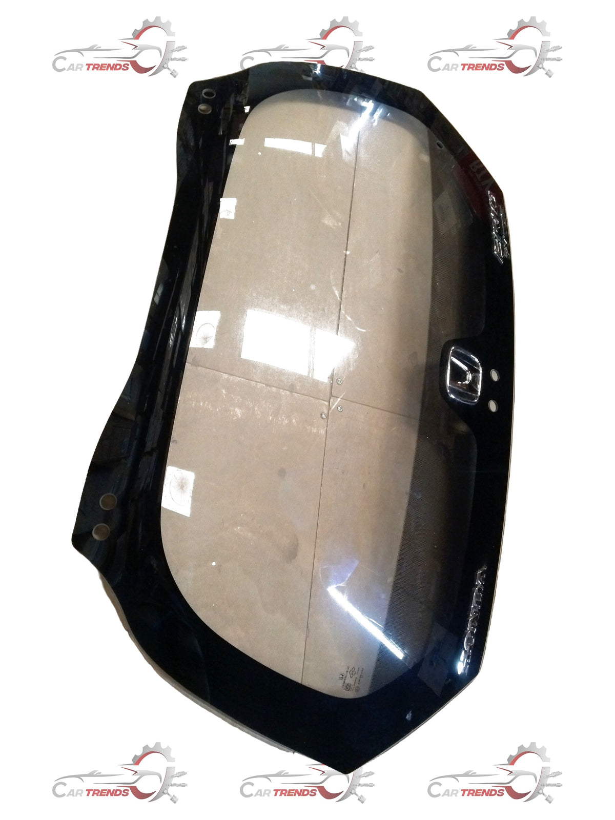 Rear windshield glass for Honda Brio, featuring clear, reflective surface and black framing, designed for Honda vehicle replacement.