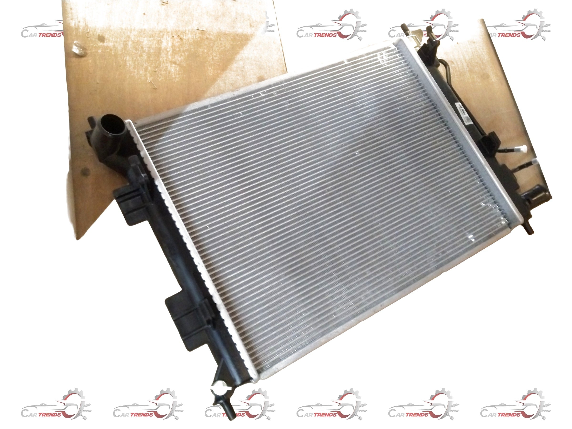 Hyundai Grand i10/Xcent 2013-2019 petrol radiator assembly, front view showing core and mounting points.
