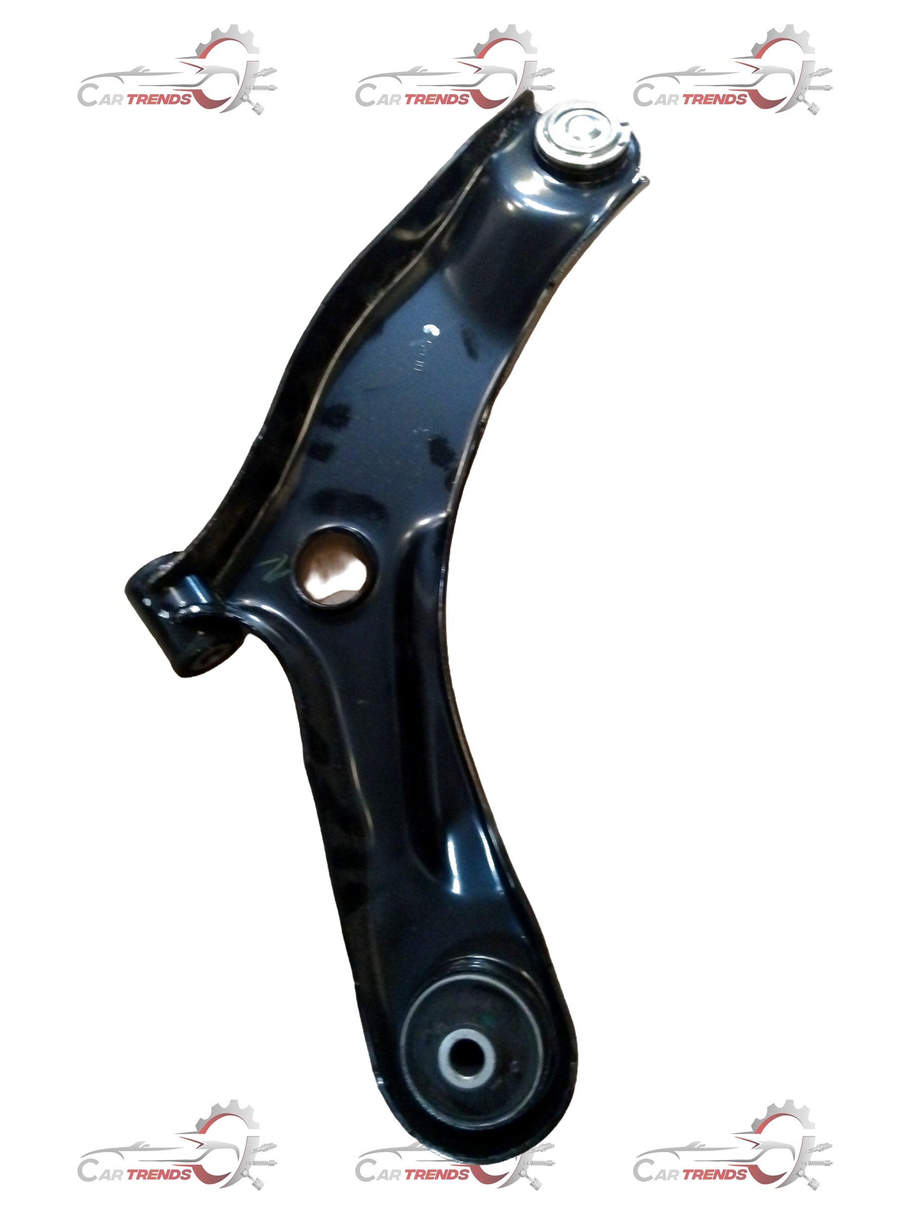 CarTrends front suspension arm assembly part, showing the metal arm with mounting points and bushings for vehicle suspension repair.
