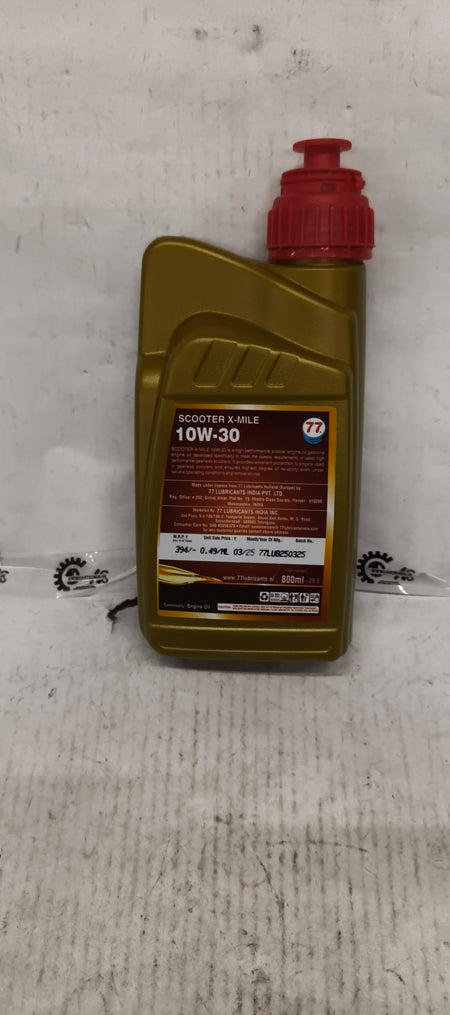 77 Lubricants Scooter XMile 10W30 motor oil bottle, 8L capacity, with label and cap visible in the image.