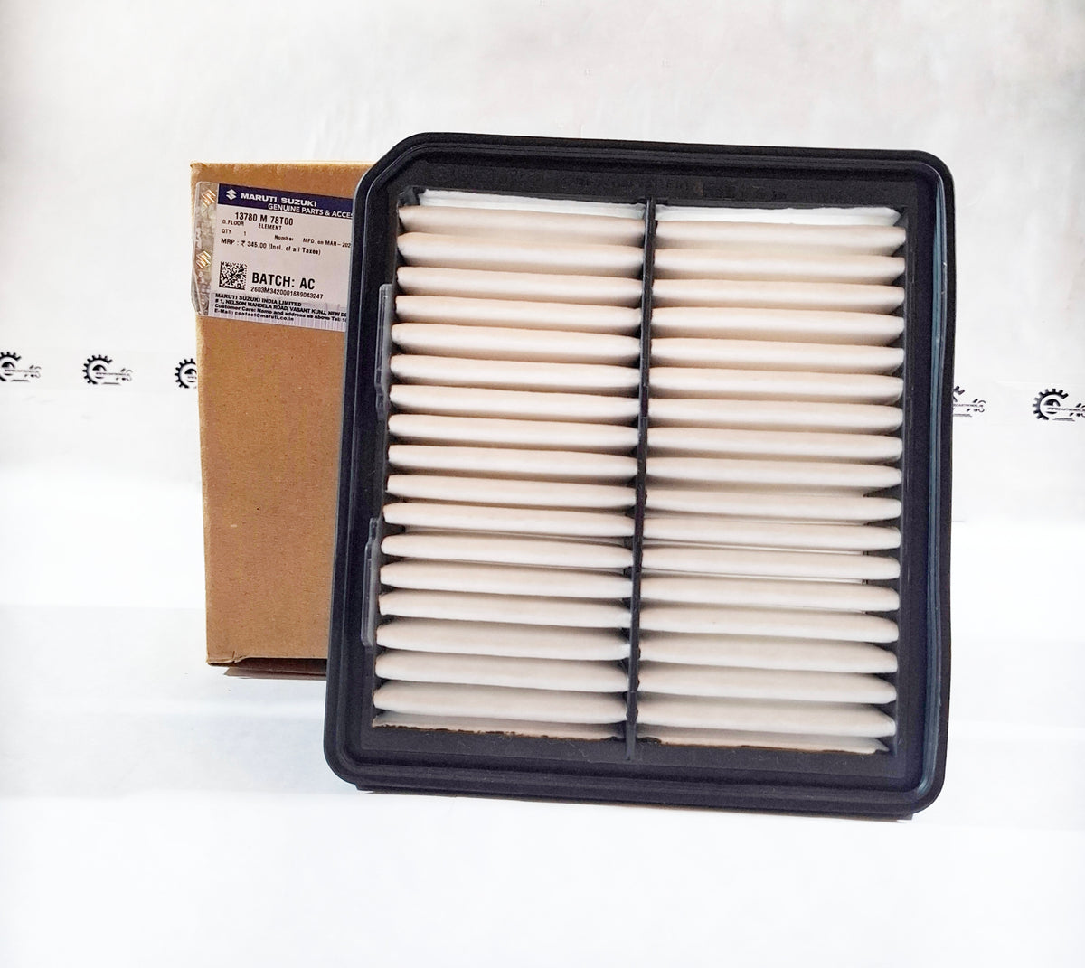 Maruti Suzuki air filter for Eeco model, showing the left side of the ELEMENT 13780M78T00 air filter in close-up view